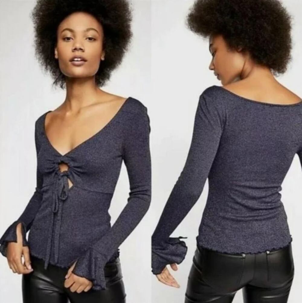 Free People Intimately Navy Blue Metallic Shimmer Long Sleeve V-neck Tie Medium